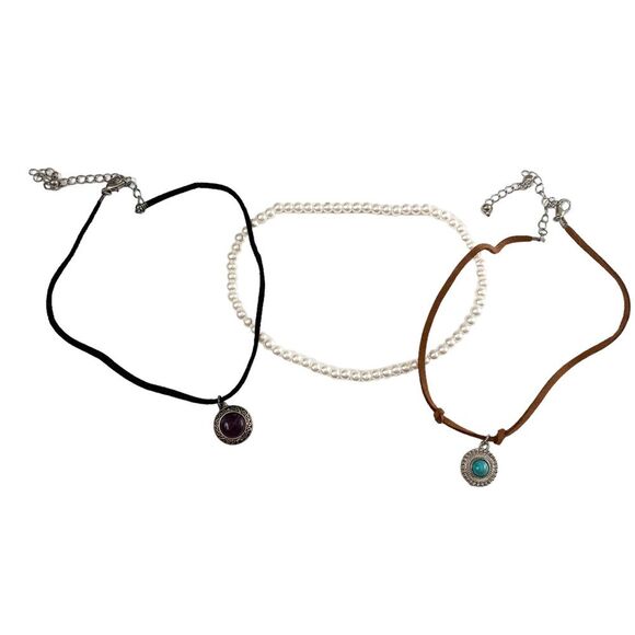 Western Bohemian Faux Leather Stone Choker Necklaces Pearl Elastic Choker Bundle - Picture 1 of 5